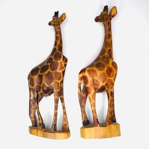 Vintage Hand Carved Wooden Giraffe 12" Figurine Statue African Decor Figures 2pc